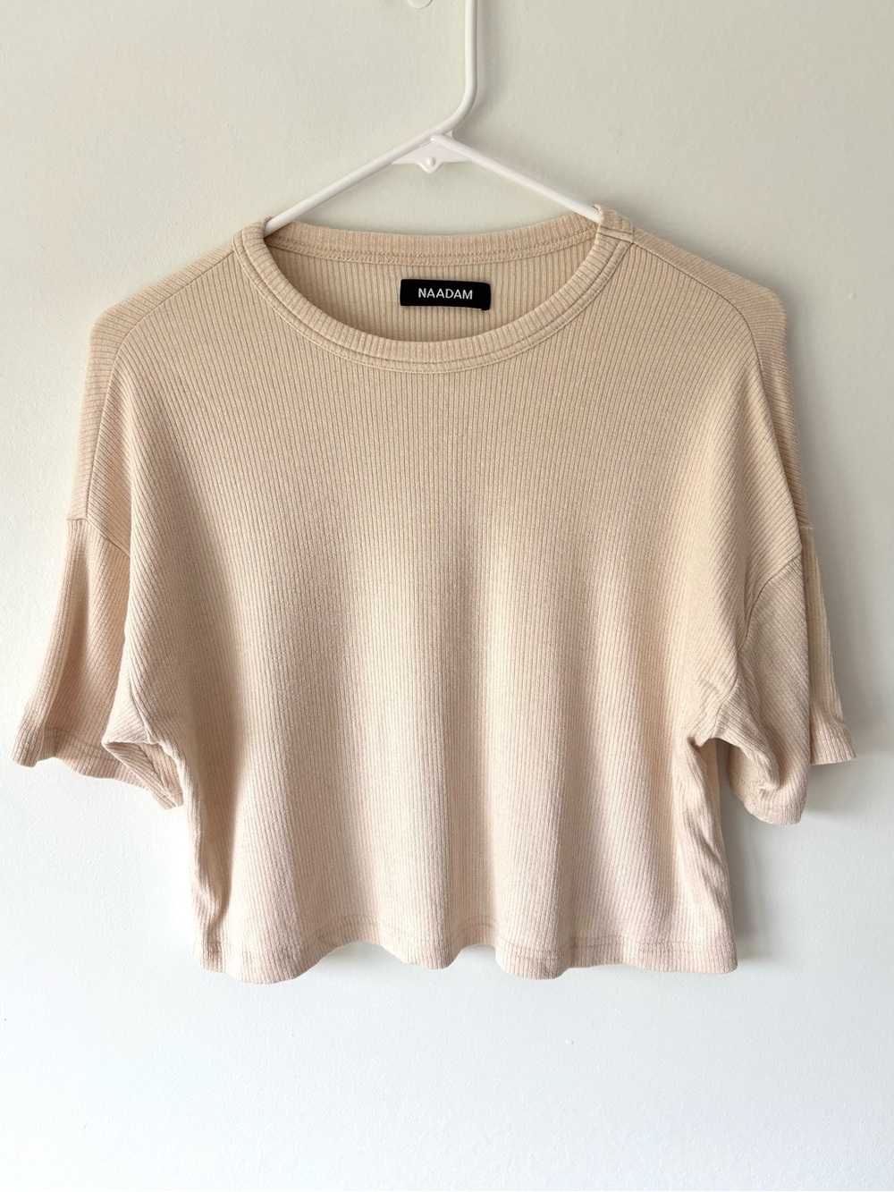 NAADAM Tan Ribbed Short Sleeve Top Cashmere Blend Slightly Cropped Loose Fit